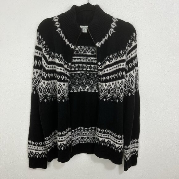 Sundance Fenn Fair Isle Sweater Zip Front Cardigan Black White Size M Cabincore - Picture 8 of 11